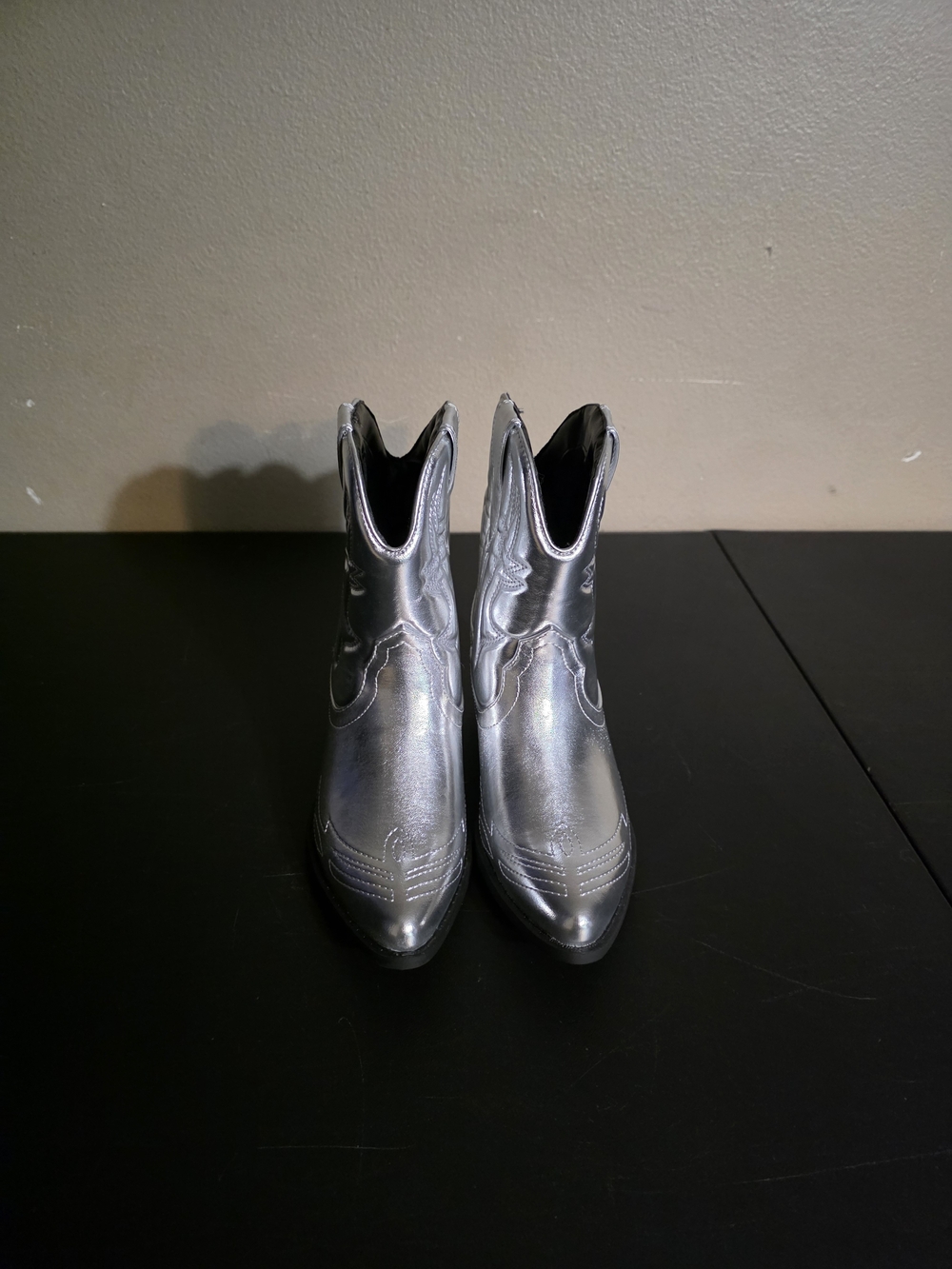 Soda Silver Metallic Western Heeled Ankle Boots